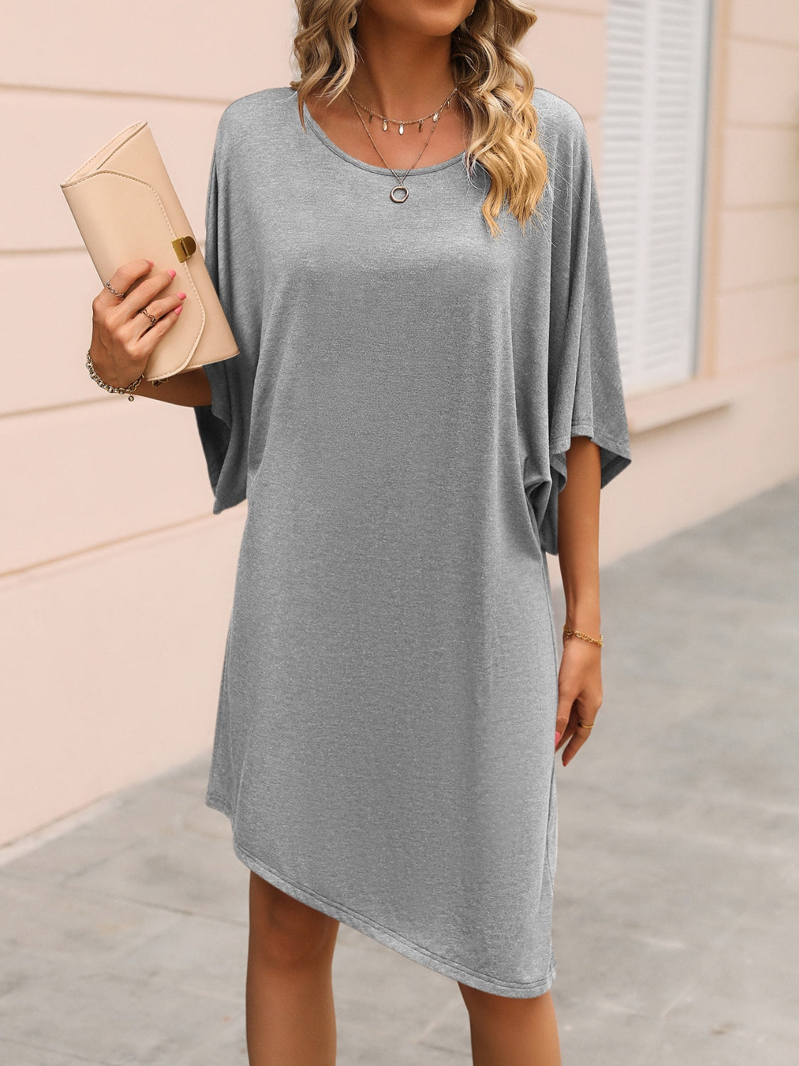 Ivy Lane Round Neck Three-Quarter Sleeve Tee Dress.