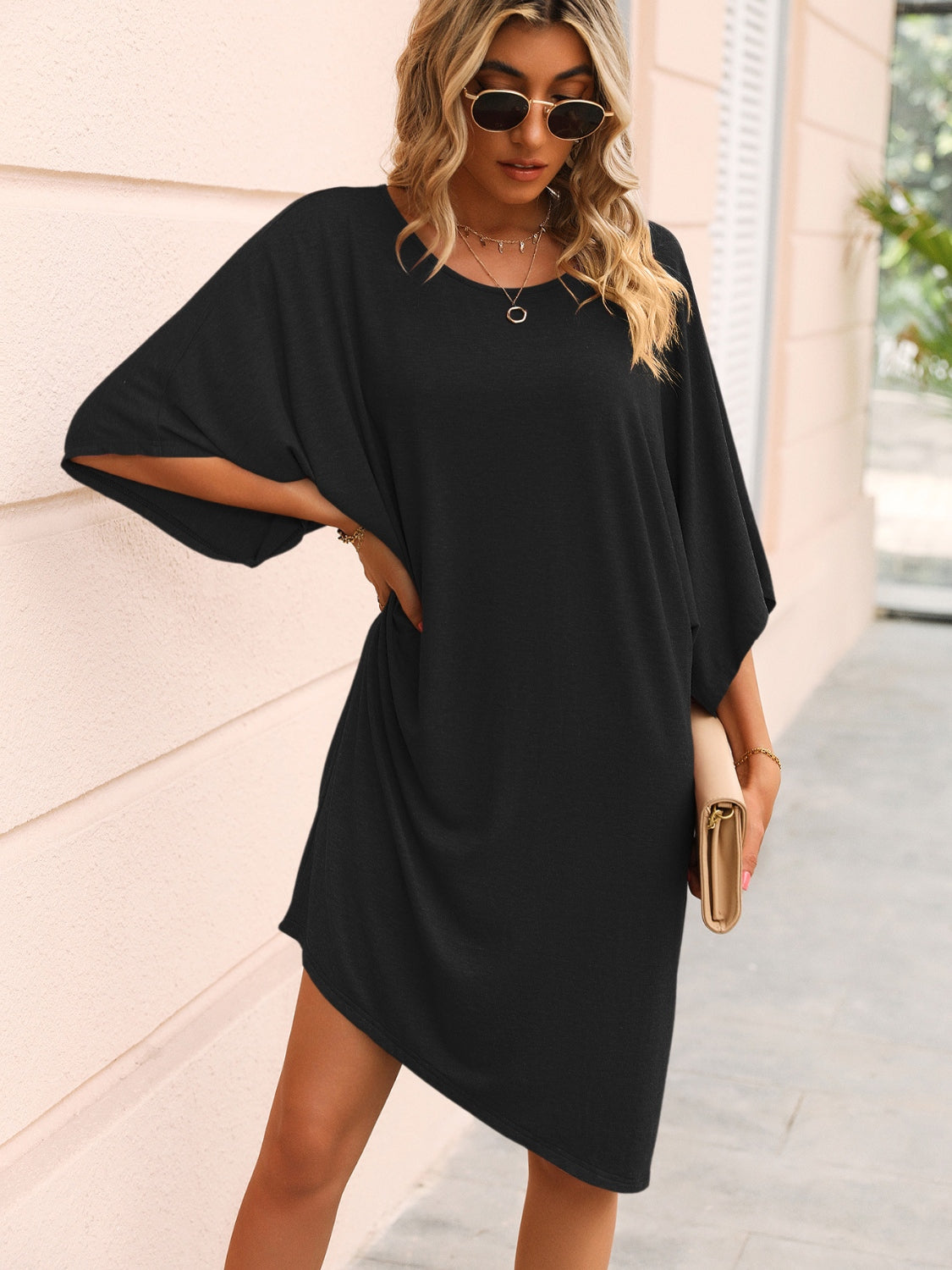 Ivy Lane Round Neck Three-Quarter Sleeve Tee Dress.