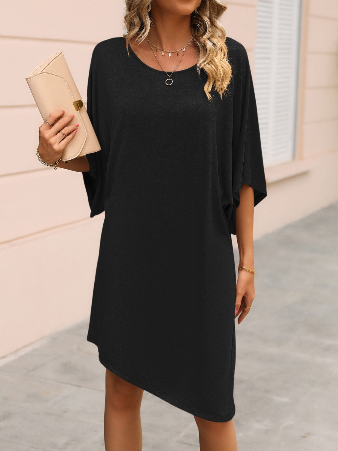 Ivy Lane Round Neck Three-Quarter Sleeve Tee Dress.