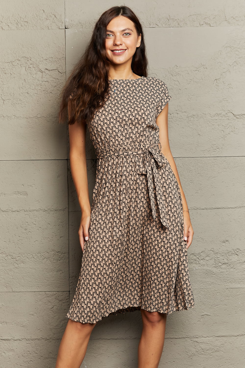 Perfee Round Neck Tie Waist Dress.