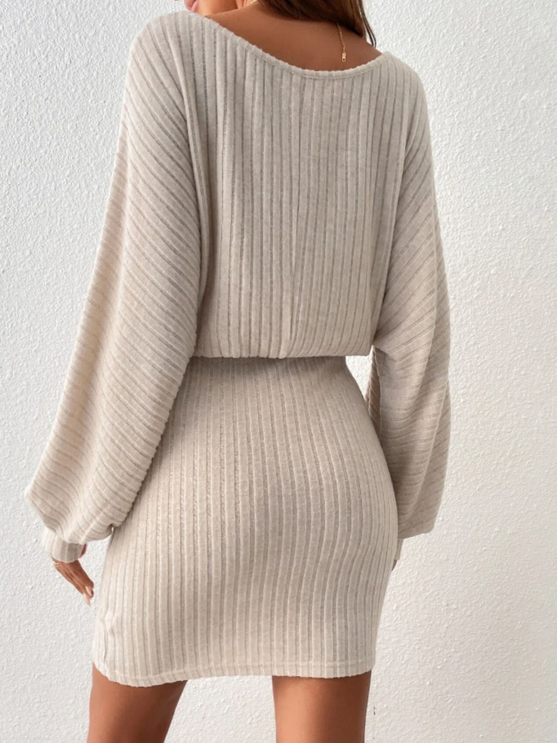 Round Neck Tie Waist Long Sleeve Mini Dress.