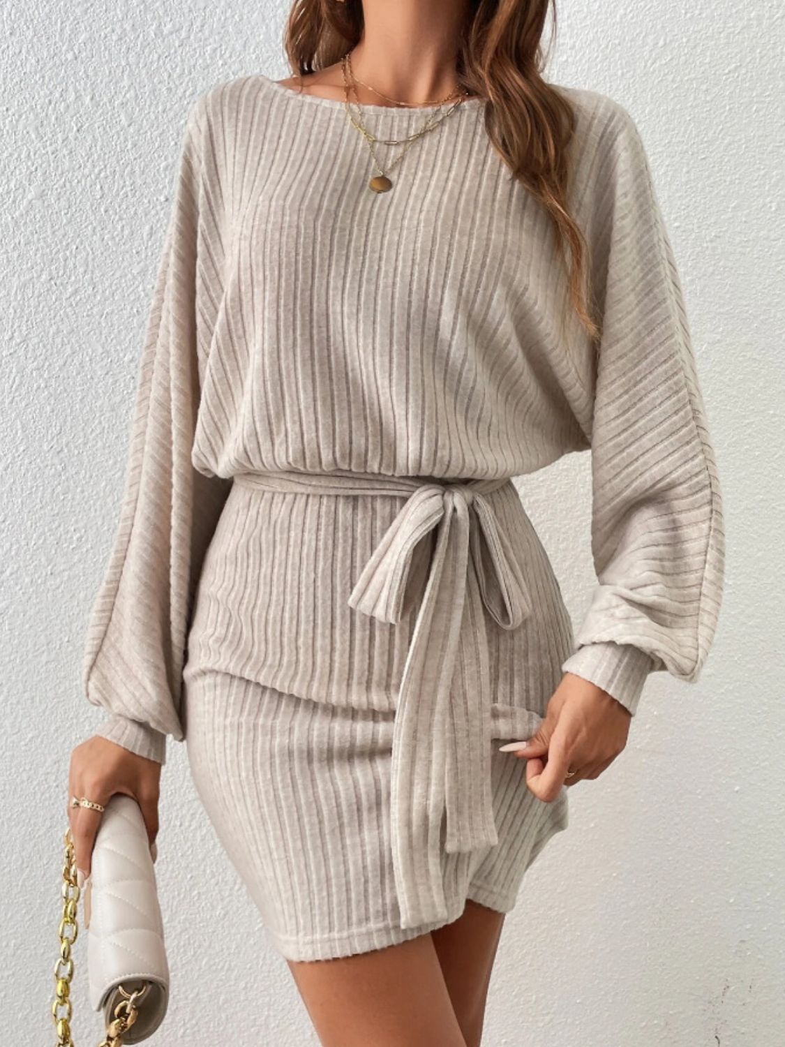Round Neck Tie Waist Long Sleeve Mini Dress.