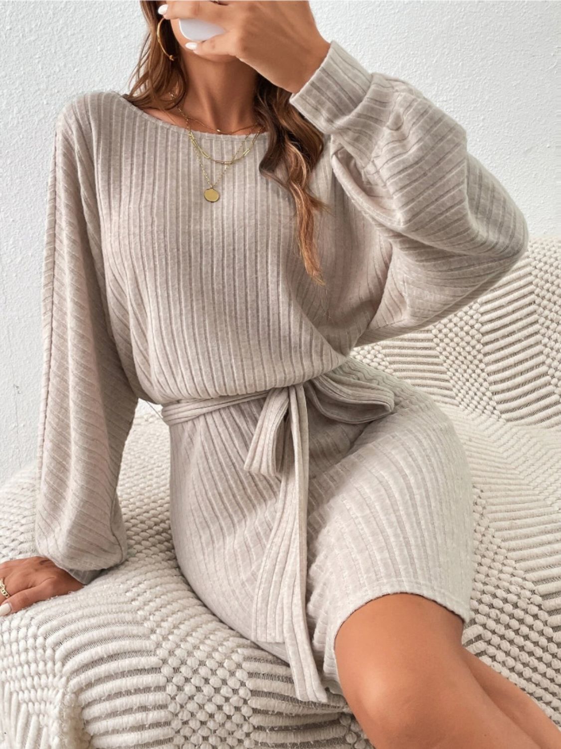 Round Neck Tie Waist Long Sleeve Mini Dress.
