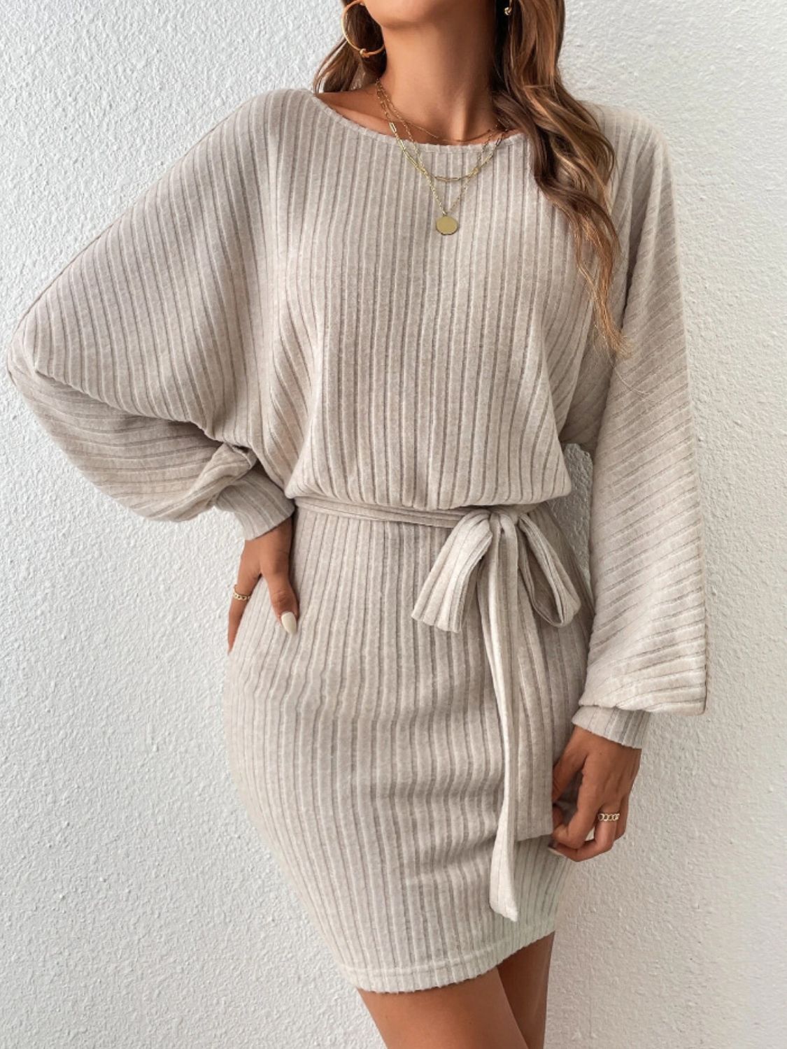 Round Neck Tie Waist Long Sleeve Mini Dress.