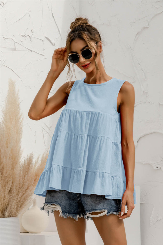 Round neck tiered babydoll tank top.