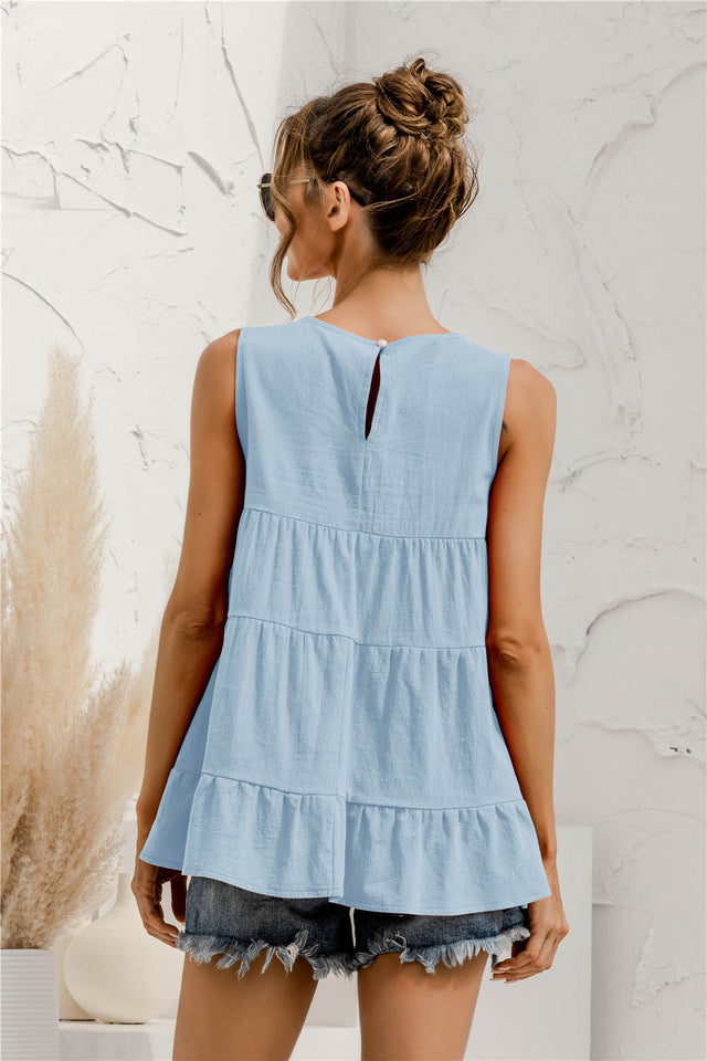 Round neck tiered babydoll tank top.