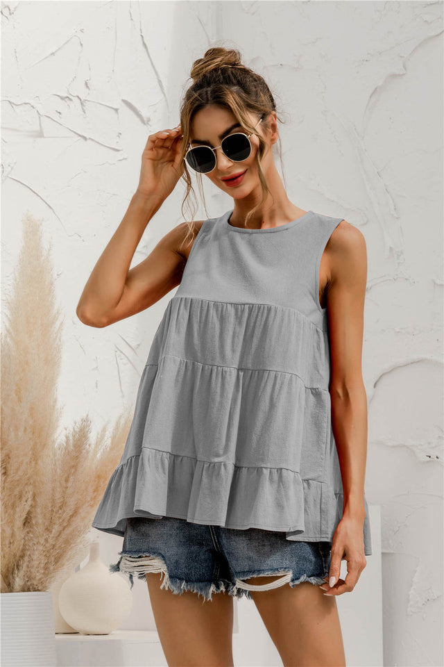 Round neck tiered babydoll tank top.