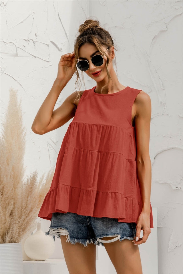 Round neck tiered babydoll tank top.