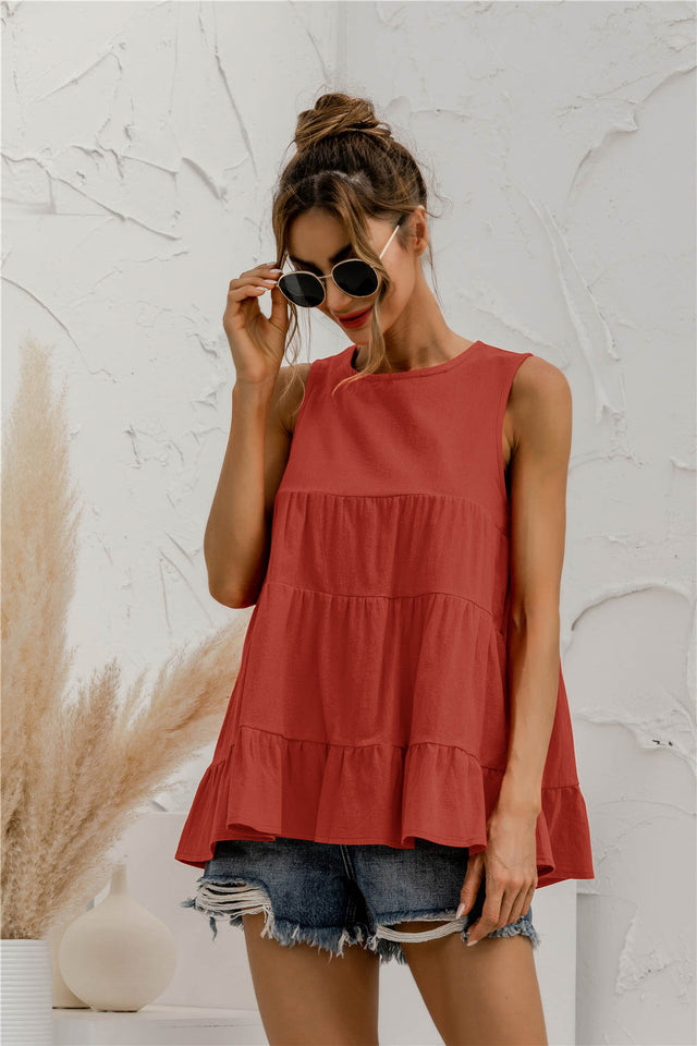 Round neck tiered babydoll tank top.