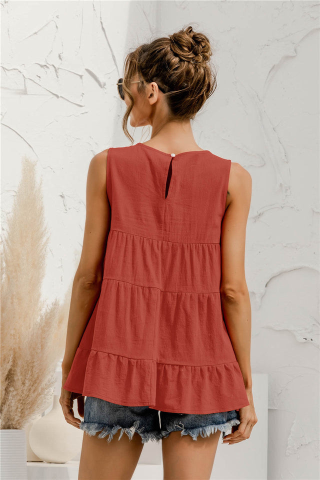 Round neck tiered babydoll tank top.