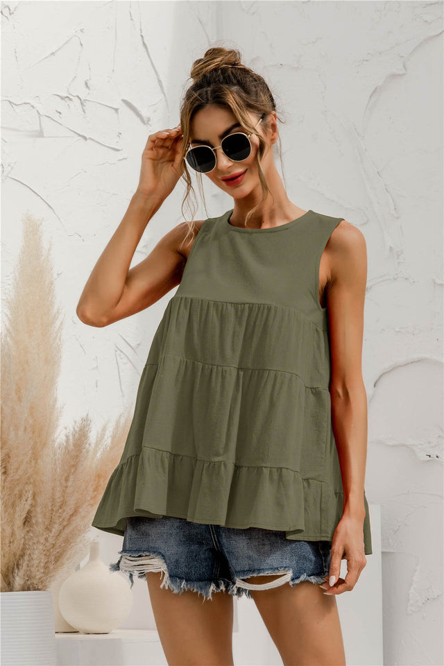 Round neck tiered babydoll tank top.