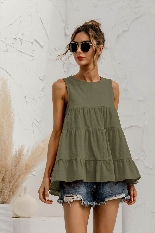 Round neck tiered babydoll tank top.