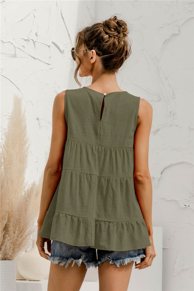Round neck tiered babydoll tank top.