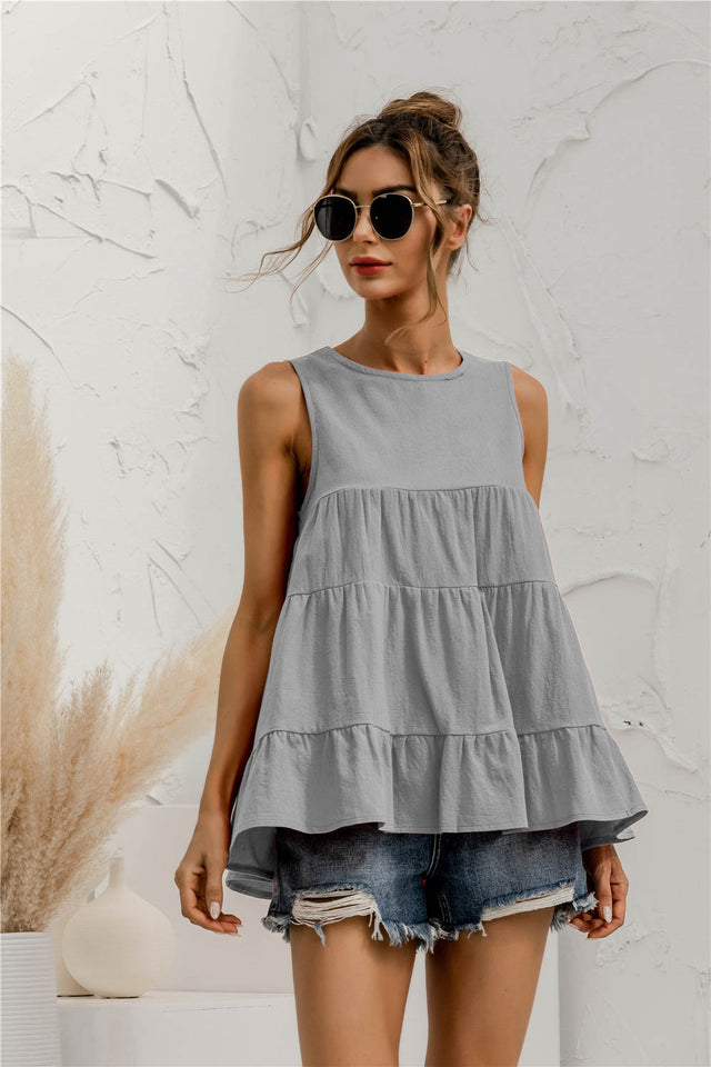 Round neck tiered babydoll tank top.