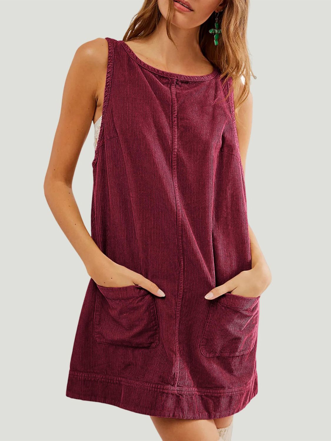 Mandy Round Neck Wide Strap Mini Dress with Pockets.