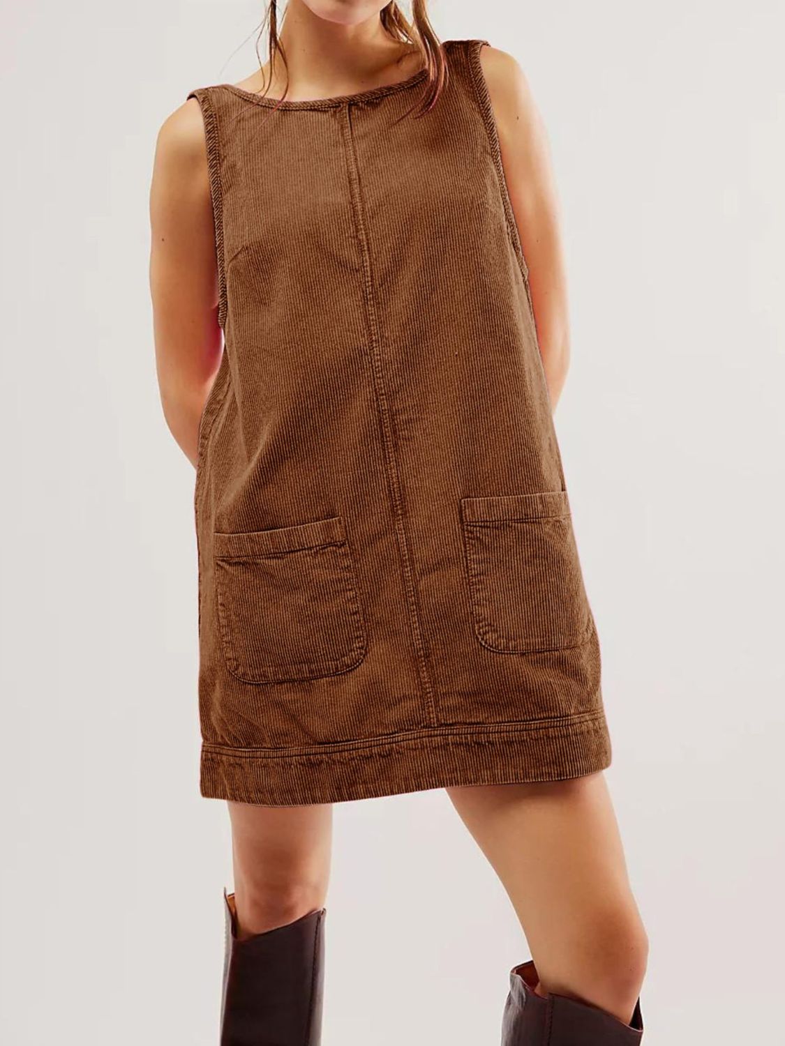 Mandy Round Neck Wide Strap Mini Dress with Pockets.