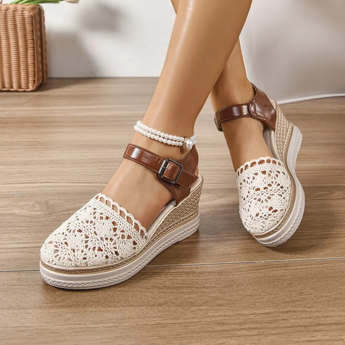 Mesh and PU leather round toe mid-heel wedge sandals.