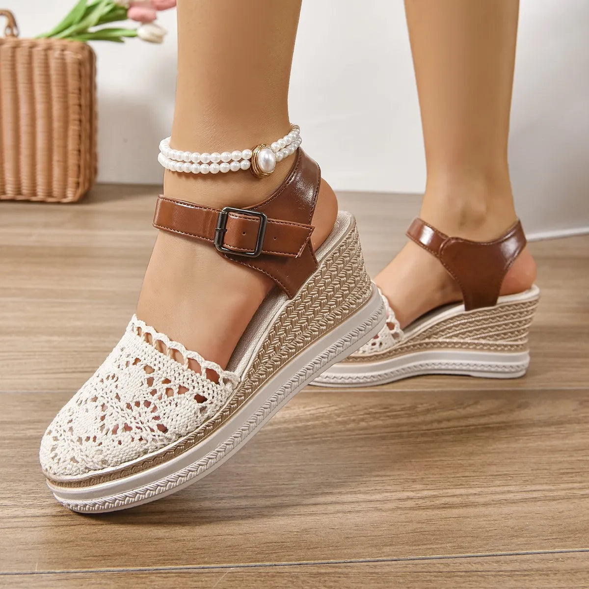 Mesh and PU leather round toe mid-heel wedge sandals.