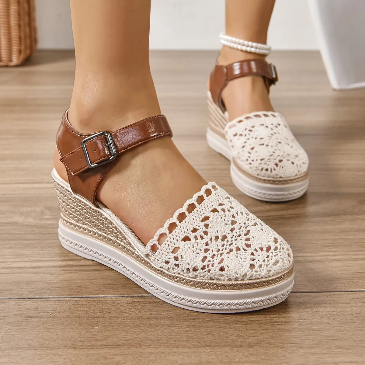 Mesh and PU leather round toe mid-heel wedge sandals.