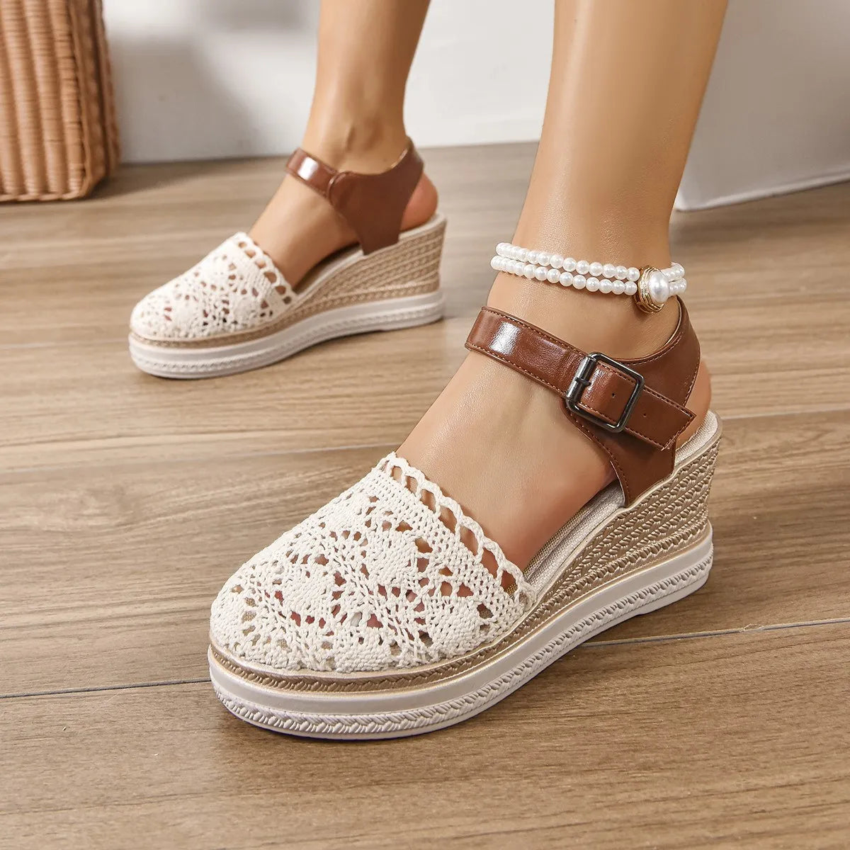 Mesh and PU leather round toe mid-heel wedge sandals.