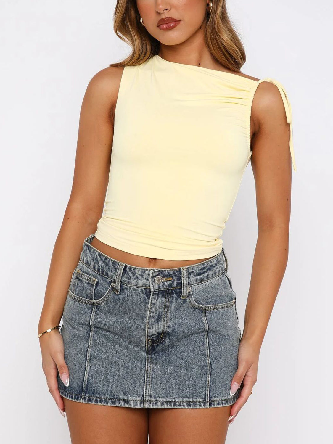Ruched asymmetrical neck cami.