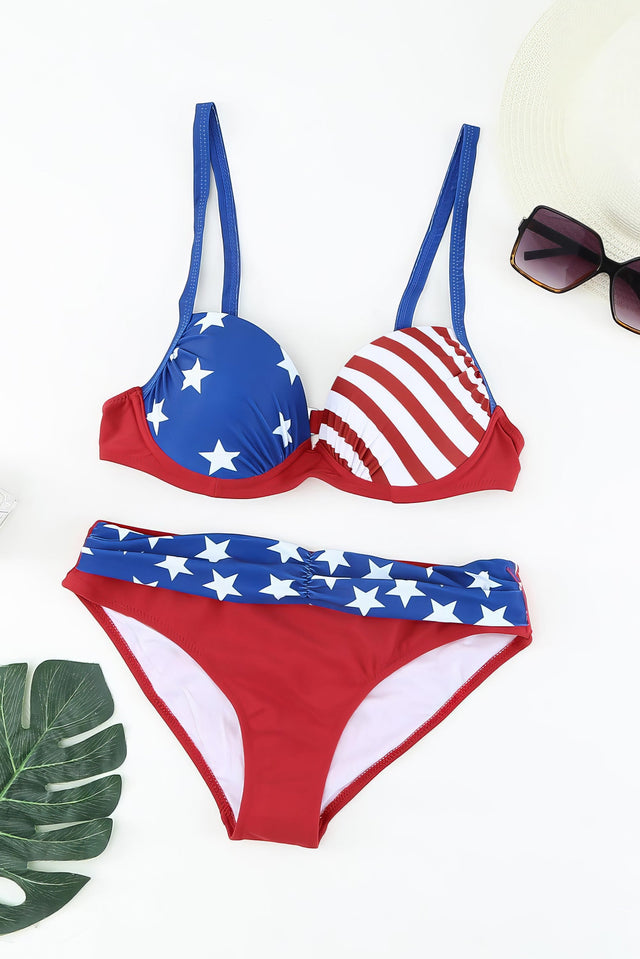 Printed and striped ruched bikini set with mid-waist bottoms and no padding.