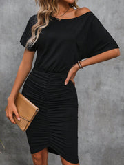 Ruched Boat Neck Short Sleeve Dress.