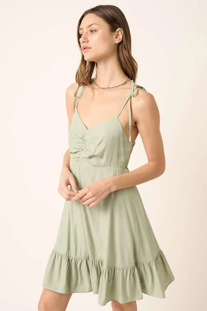 Mittoshop Ruched Detail Spaghetti Tie Mini Dress.