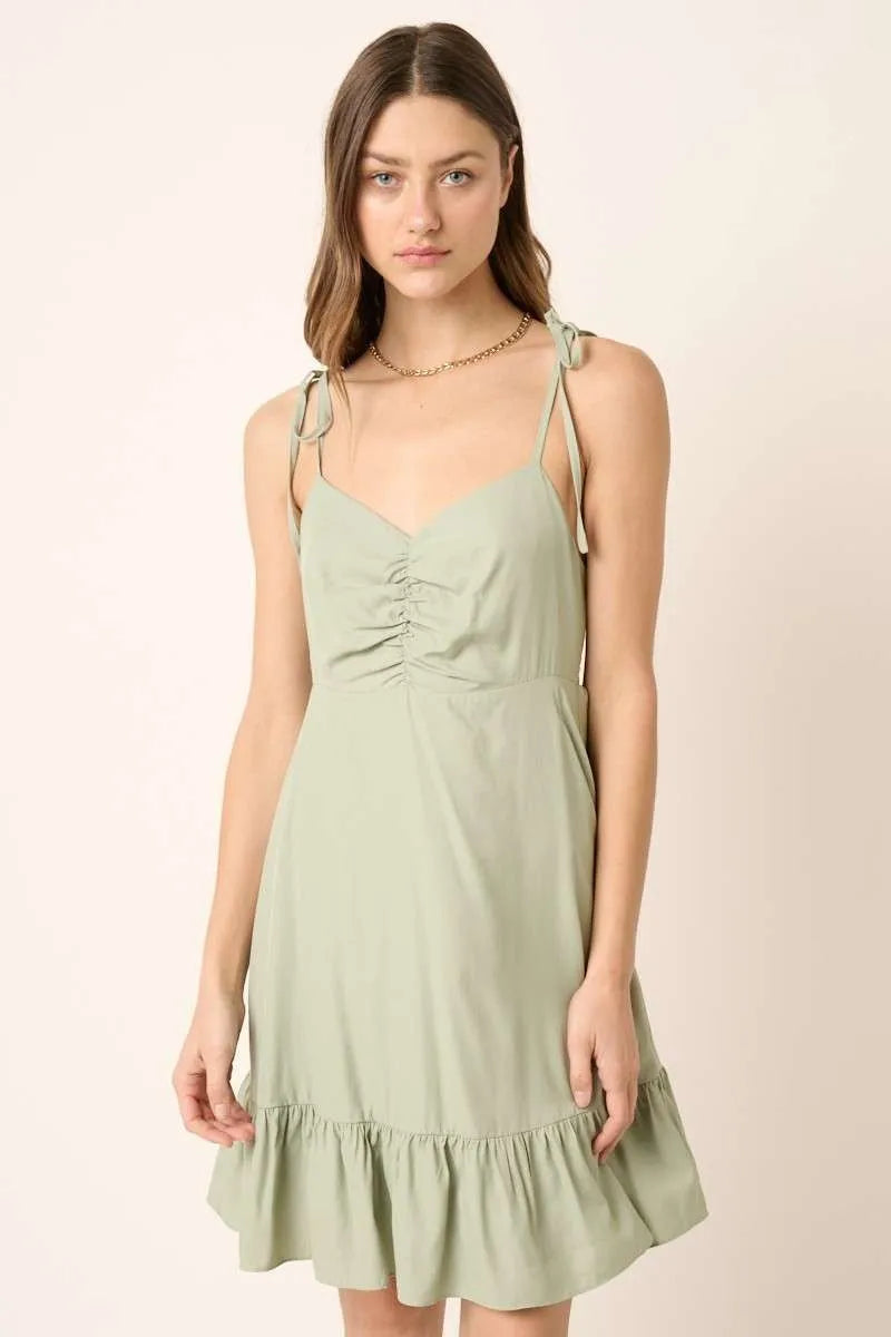 Mittoshop Ruched Detail Spaghetti Tie Mini Dress.
