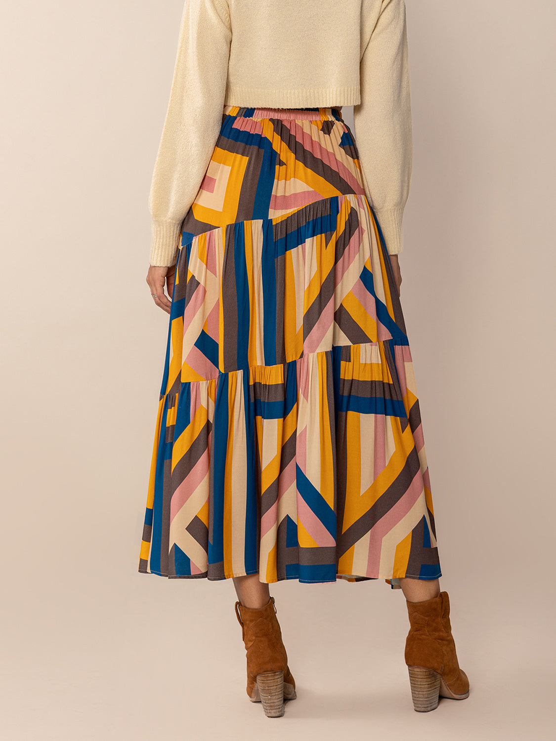 Ruched Elastic Waist Contrast Midi Skirt.