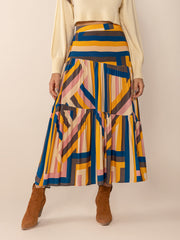 Ruched Elastic Waist Contrast Midi Skirt.