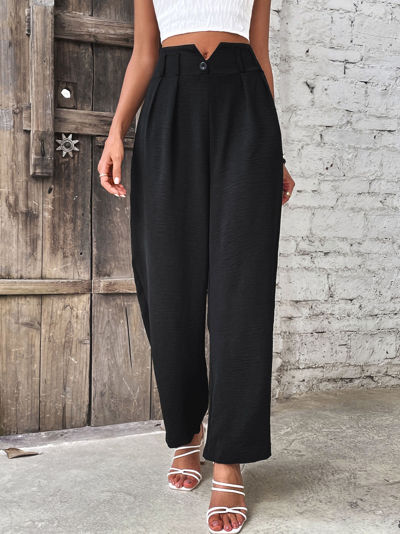 Ruched high waist straight leg pants, office style.