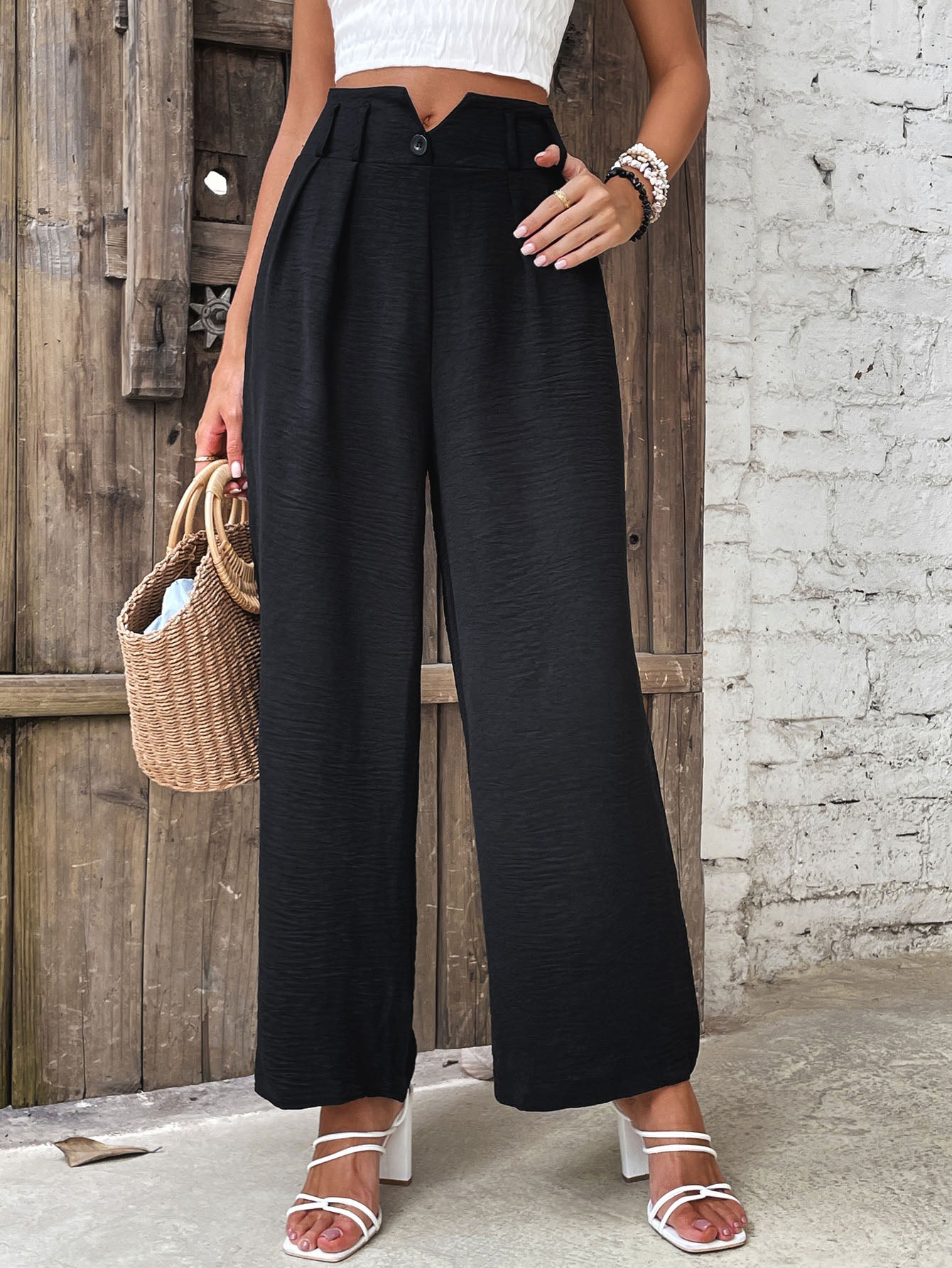 Ruched high waist straight leg pants, office style.