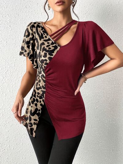 Ruched Leopard Flutter Sleeve T-Shirt.