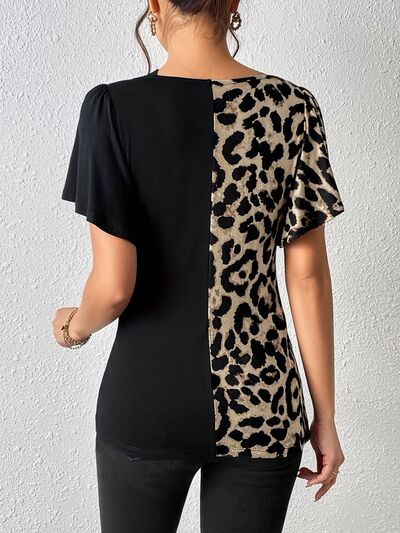 Ruched Leopard Flutter Sleeve T-Shirt.