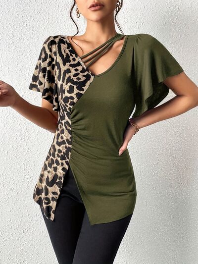 Ruched Leopard Flutter Sleeve T-Shirt.