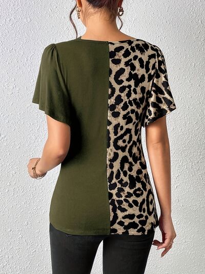 Ruched Leopard Flutter Sleeve T-Shirt.