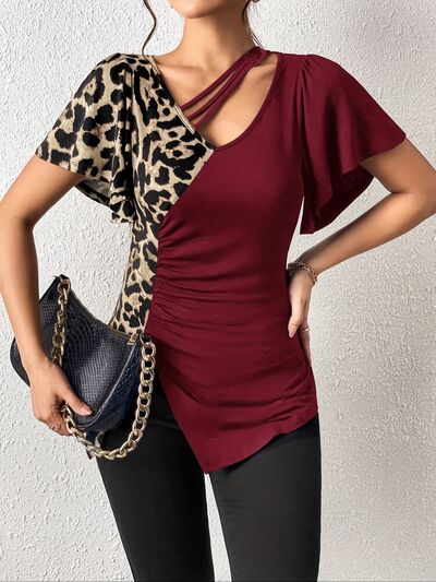 Ruched Leopard Flutter Sleeve T-Shirt.