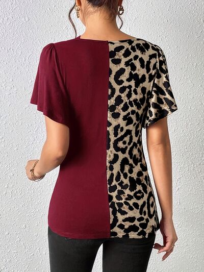 Ruched Leopard Flutter Sleeve T-Shirt.
