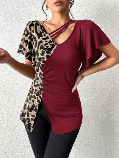 Ruched Leopard Flutter Sleeve T-Shirt.
