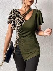 Ruched Leopard Flutter Sleeve T-Shirt.