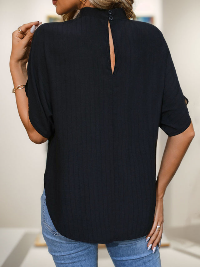 Perfee Ruched Mock Neck Half Sleeve Blouse with Buttoned.