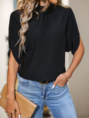 Perfee Ruched Mock Neck Half Sleeve Blouse with Buttoned.