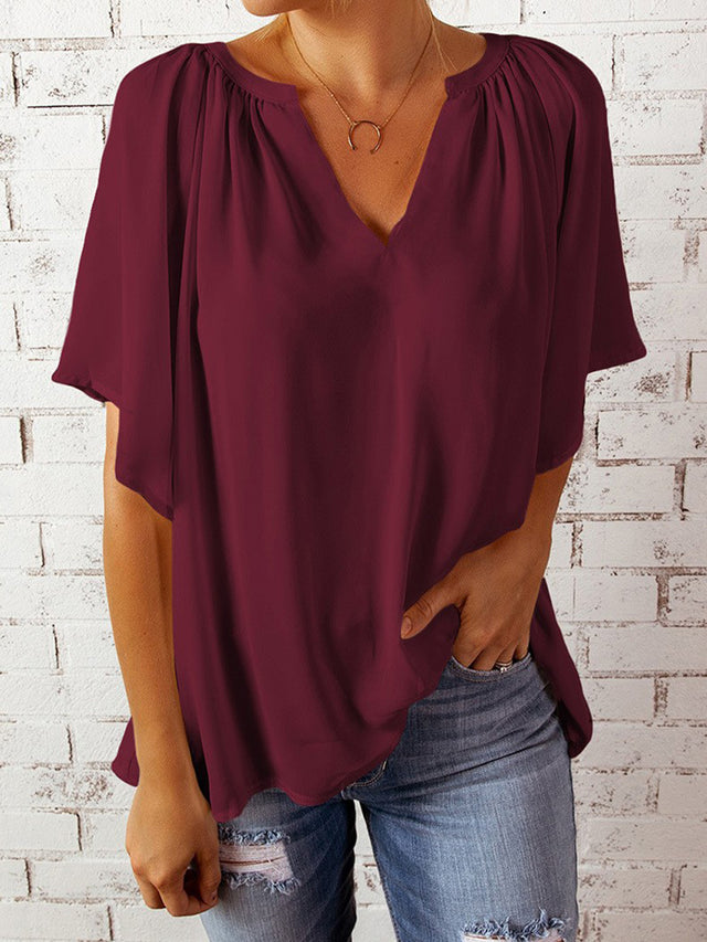 Ruched Notched Half Sleeve Blouse.