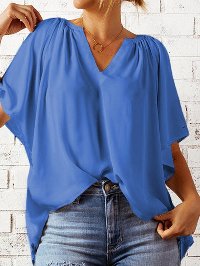 Ruched Notched Half Sleeve Blouse.