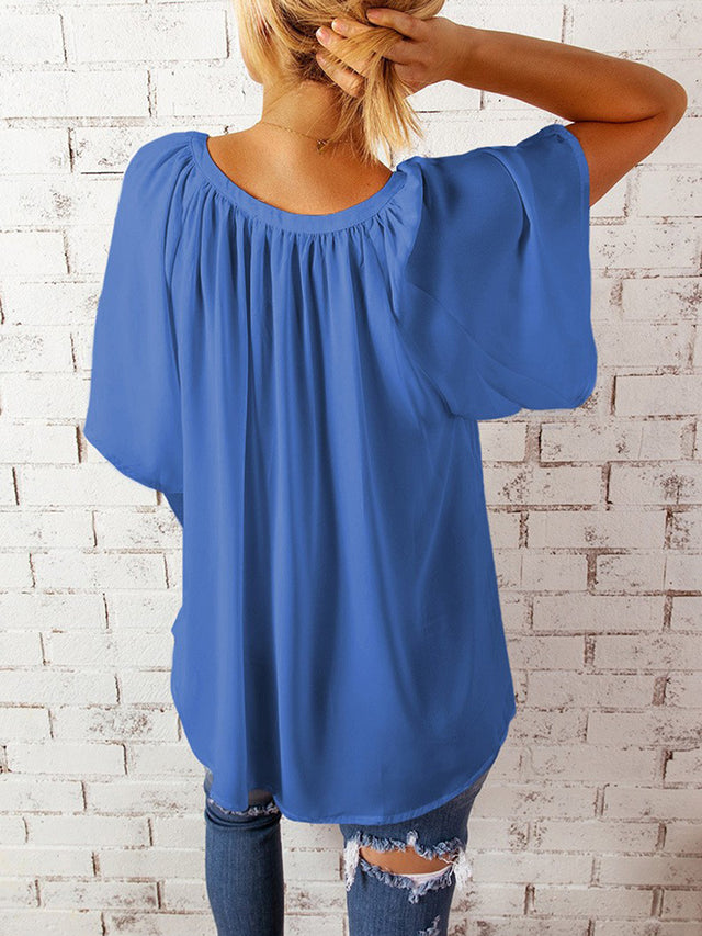 Ruched Notched Half Sleeve Blouse.