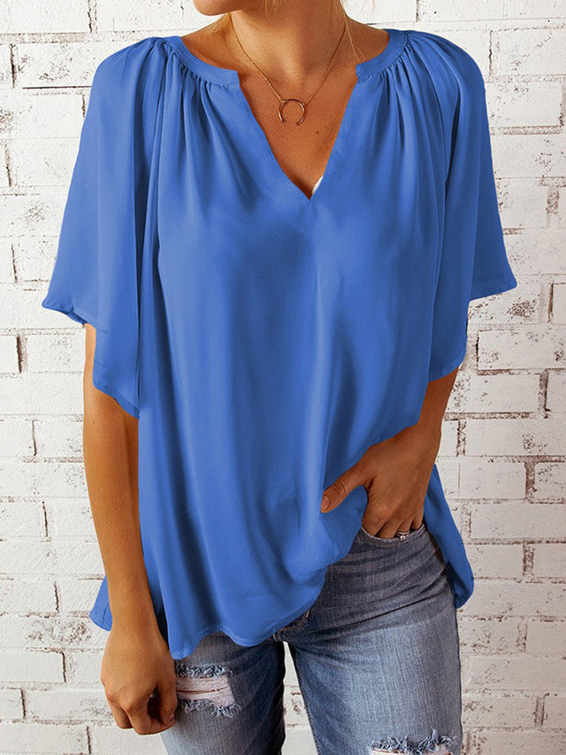 Ruched Notched Half Sleeve Blouse.