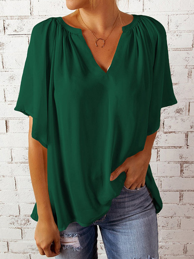 Ruched Notched Half Sleeve Blouse.