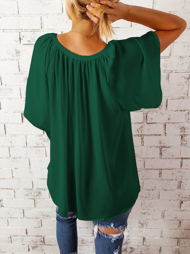 Ruched Notched Half Sleeve Blouse.