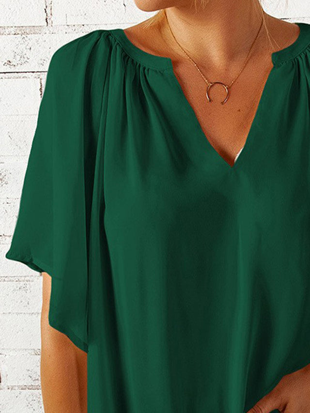 Ruched Notched Half Sleeve Blouse.